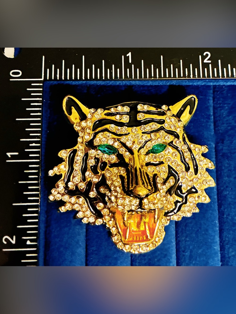 Gold Tone Tiger Head Brooch Rhinestone Green Eyes Enamel Statement Pin